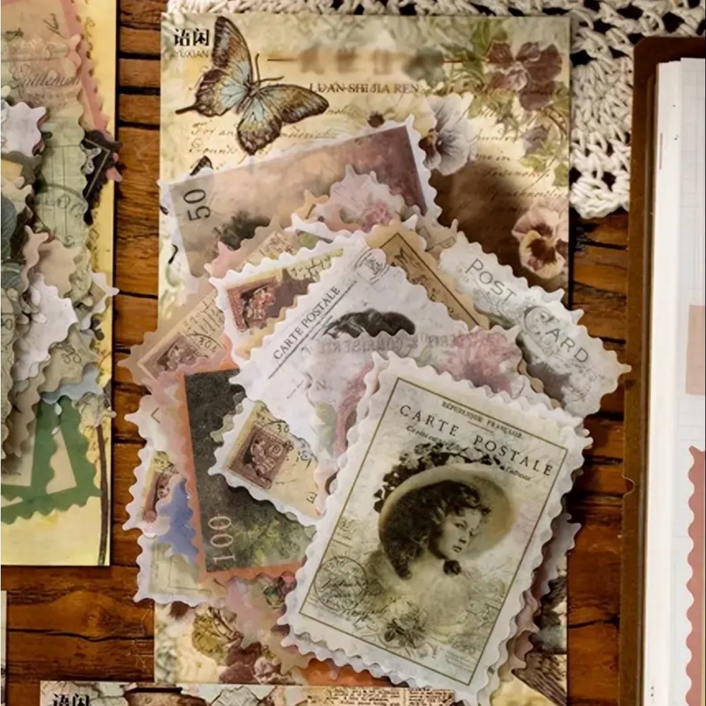 Set Of 60 pcs Vintage Style Stamp Stickers Adorable Designs For DIY Scrapbooks